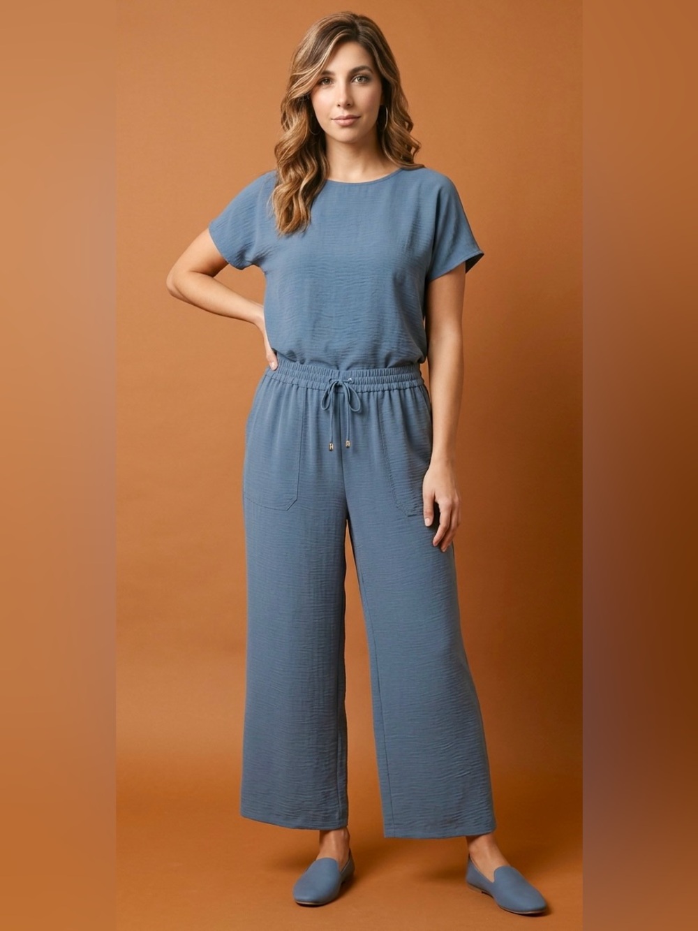 Michael Kors Crinkle Cropped Wide Leg Pants Lightweight Smoky Blue Size XL EUC